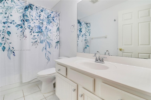 full bathroom featuring toilet, vanity, shower / tub combo with curtain, and tile patterned flooring