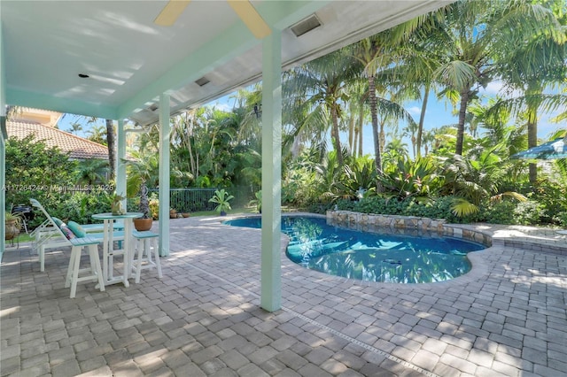 view of swimming pool featuring a patio area