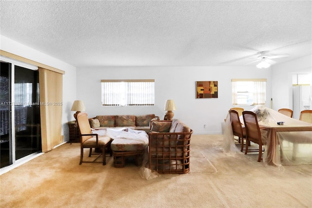 living room featuring light carpet, ceiling fan, and a textured ceiling