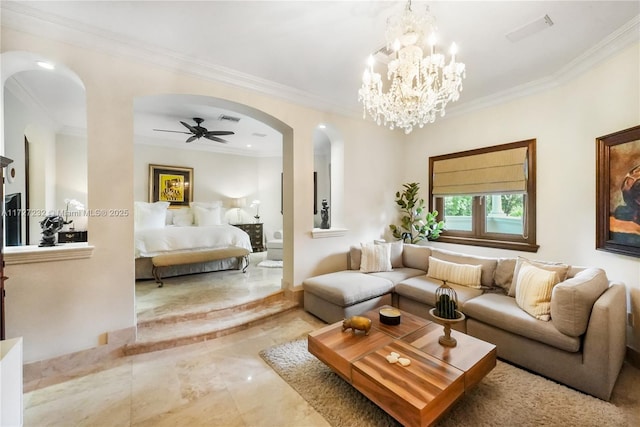 living area with arched walkways, marble finish floor, ceiling fan with notable chandelier, visible vents, and crown molding