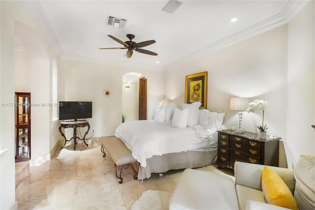 bedroom featuring ceiling fan, access to exterior, connected bathroom, and ornamental molding