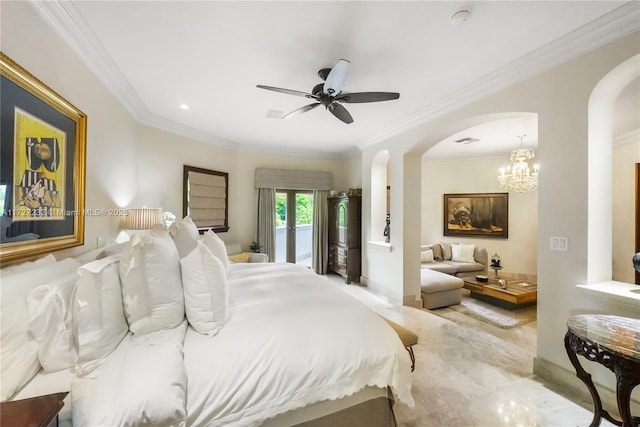 bedroom featuring arched walkways, ceiling fan with notable chandelier, ornamental molding, and access to exterior