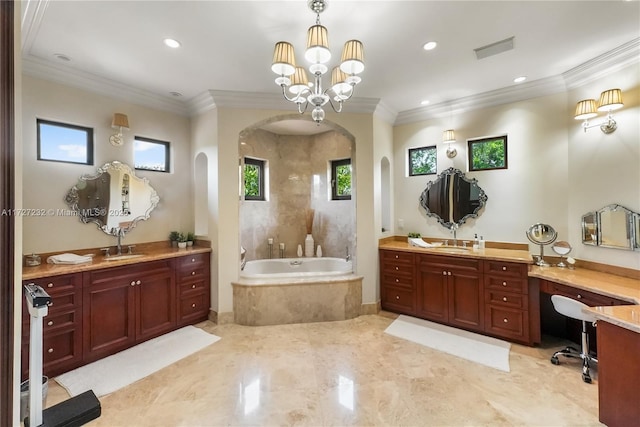 full bathroom with recessed lighting, ornamental molding, a bath, and a sink