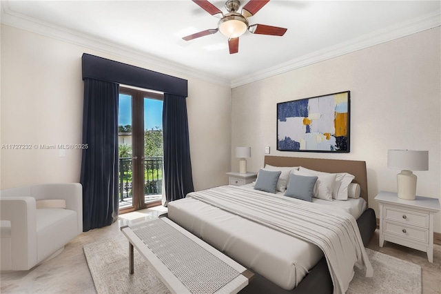 bedroom with ornamental molding, a ceiling fan, access to outside, and light carpet