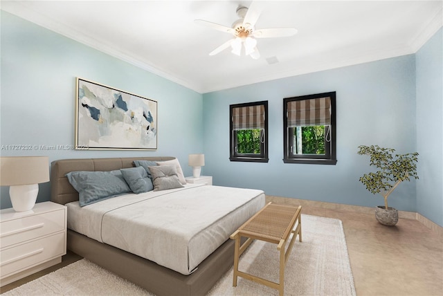 bedroom featuring a ceiling fan and crown molding