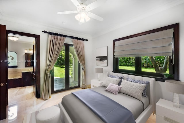 bedroom with access to exterior, ceiling fan, connected bathroom, and crown molding