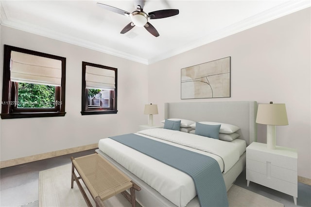 bedroom with crown molding and ceiling fan