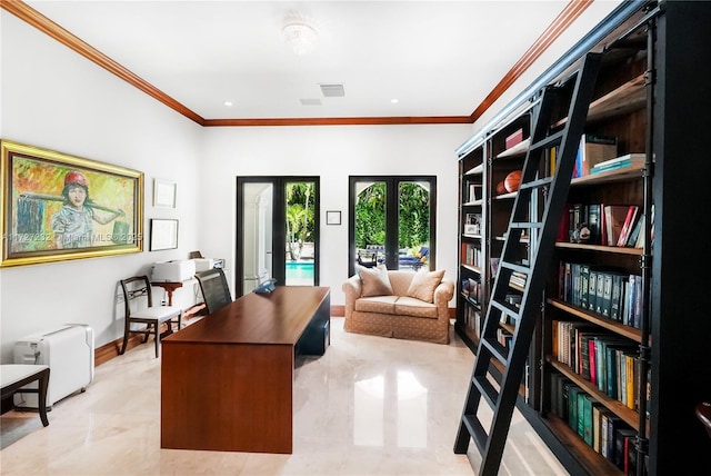 home office featuring visible vents, recessed lighting, crown molding, and baseboards