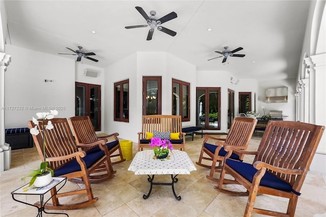 view of patio featuring outdoor lounge area, ceiling fan, and french doors