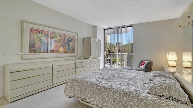 carpeted bedroom with a textured ceiling and access to exterior