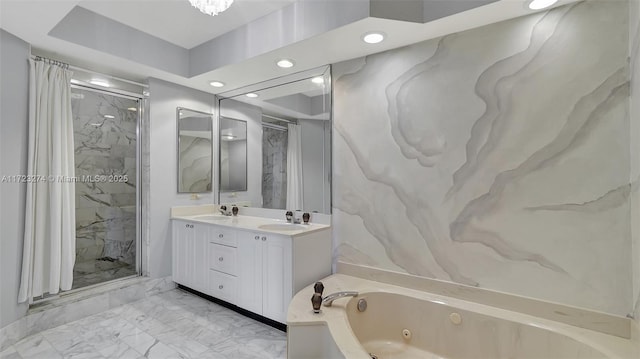 bathroom with double vanity, a marble finish shower, a tub with jets, marble finish floor, and a sink