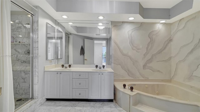 20281 E Country Club Dr Unit M6, Aventura, FL 33180 - bathroom with marble finish floors, a marble finish shower, a tub with jets, double vanity, and recessed lighting