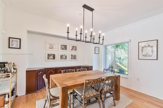 dining room with crown molding and light hardwood / wood-style flooring