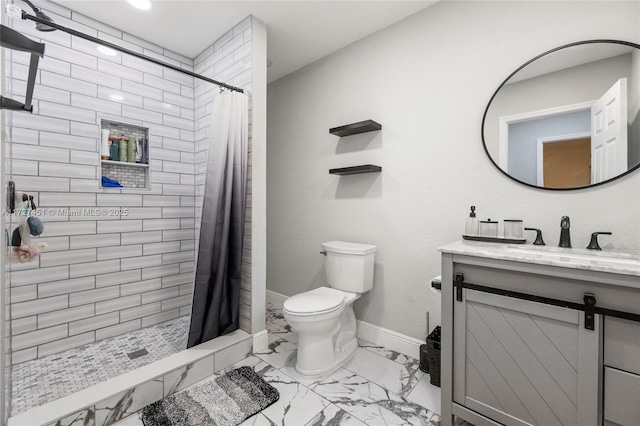 bathroom with toilet, vanity, and a shower with shower curtain