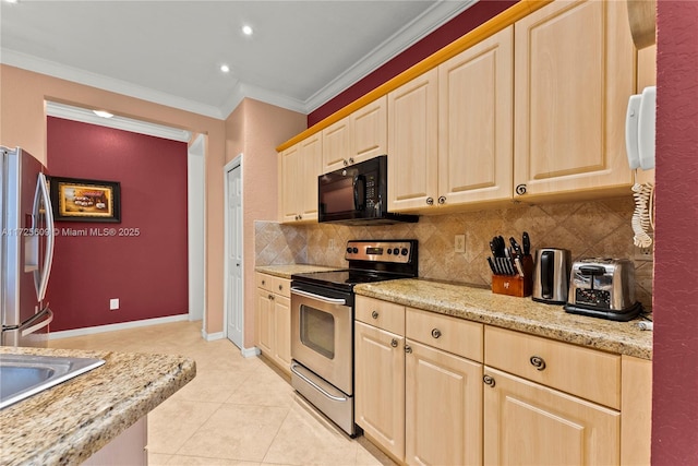 kitchen featuring light brown cabinets, stainless steel appliances, backsplash, light tile patterned flooring, and crown molding