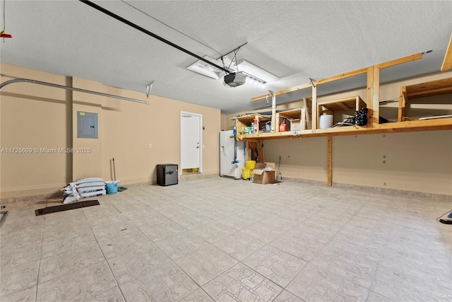 garage featuring white fridge with ice dispenser, a garage door opener, and electric panel