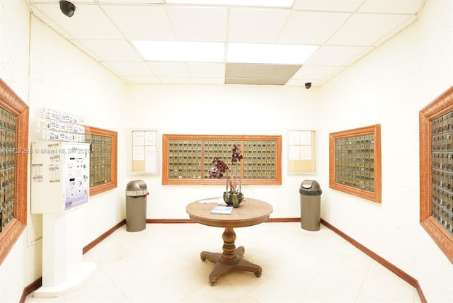 corridor featuring mail boxes and a paneled ceiling