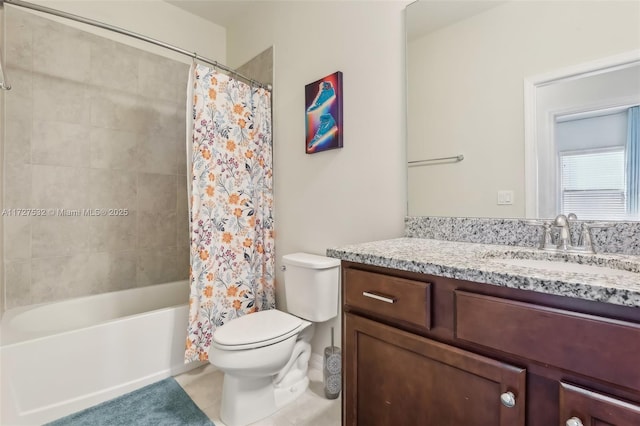 full bathroom with toilet, tile patterned flooring, shower / bathtub combination with curtain, and vanity