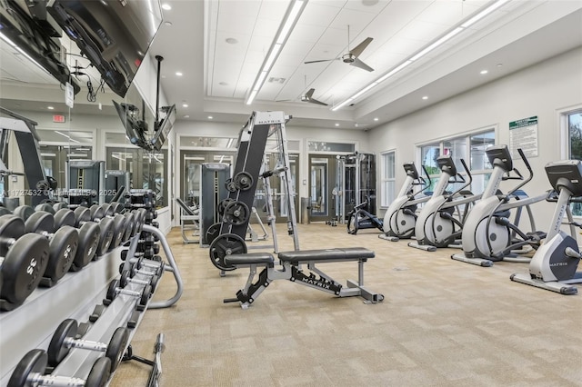 workout area featuring ceiling fan