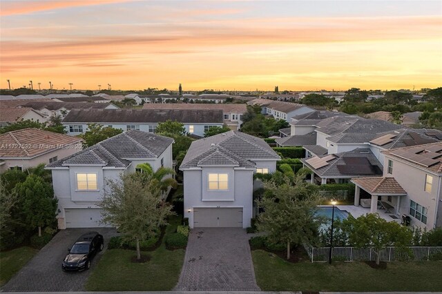 view of aerial view at dusk