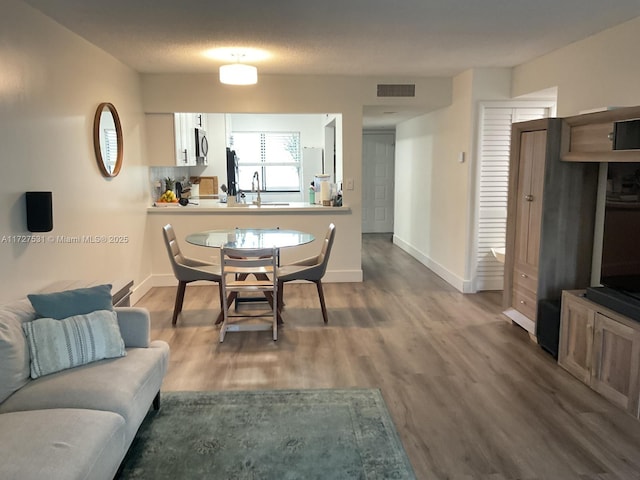 interior space featuring a textured ceiling, hardwood / wood-style floors, and sink