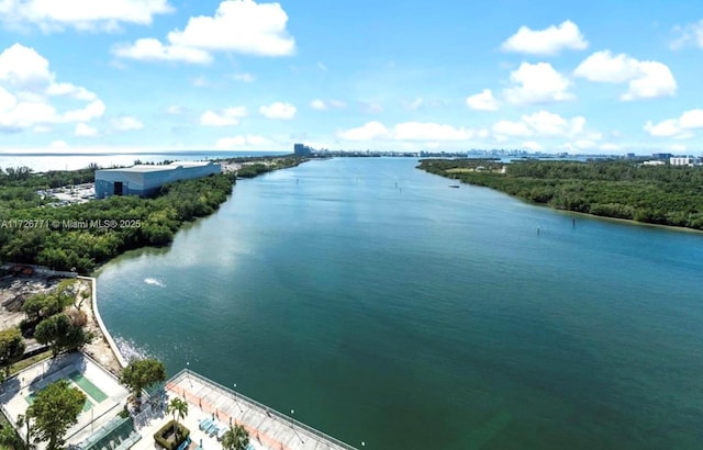 aerial view featuring a water view