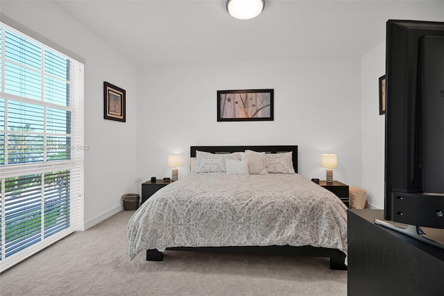 bedroom with light colored carpet