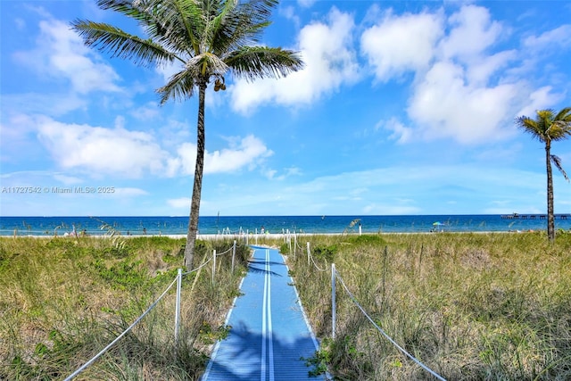 view of water feature with a beach view