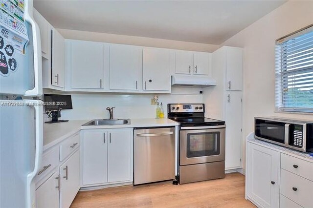 kitchen featuring light hardwood / wood-style floors, sink, white cabinets, and appliances with stainless steel finishes