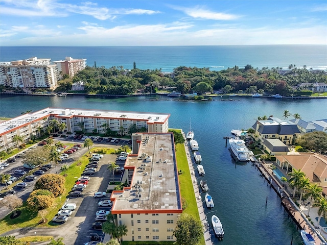 drone / aerial view with a water view