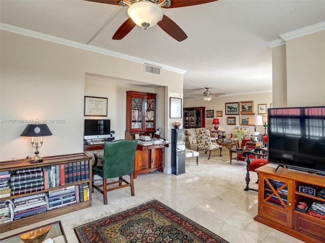 living room with ceiling fan and crown molding