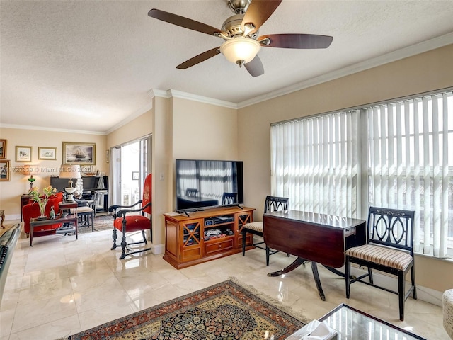 living room with ceiling fan, crown molding, and a textured ceiling