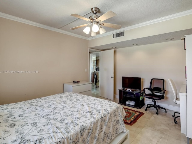 bedroom with ceiling fan, a textured ceiling, and ornamental molding