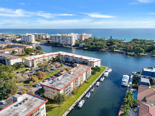 bird's eye view with a water view