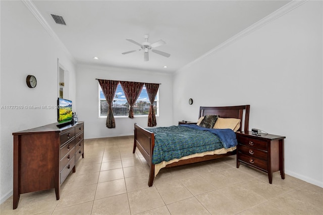 tiled bedroom with ceiling fan and ornamental molding