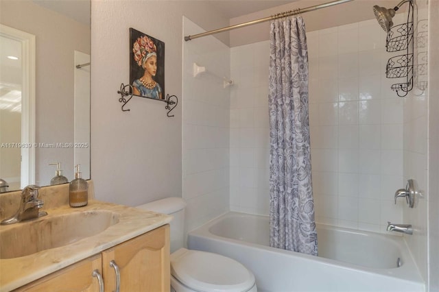 full bathroom with toilet, vanity, and shower / tub combo with curtain