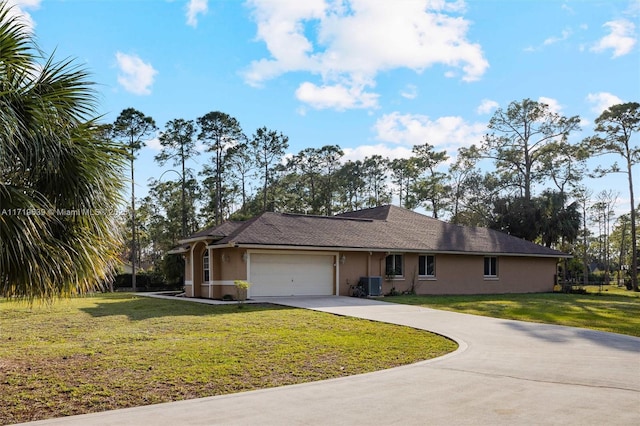 ranch-style home with a front lawn, a garage, and central AC