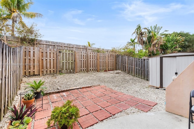 view of patio / terrace featuring a shed