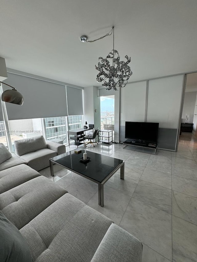 living room with a chandelier