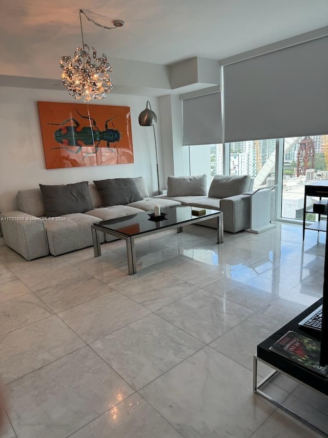 living room featuring an inviting chandelier