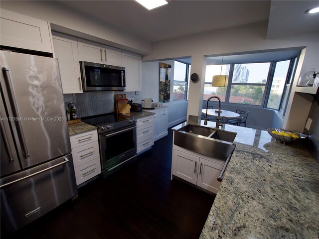 kitchen with sink, appliances with stainless steel finishes, white cabinetry, light stone countertops, and dark hardwood / wood-style flooring