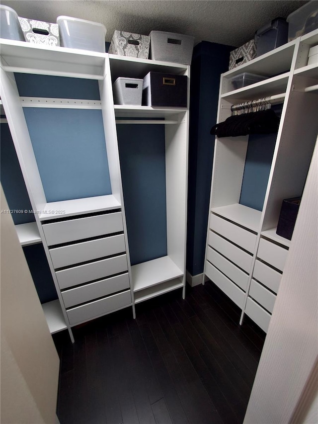 walk in closet with dark wood-style floors