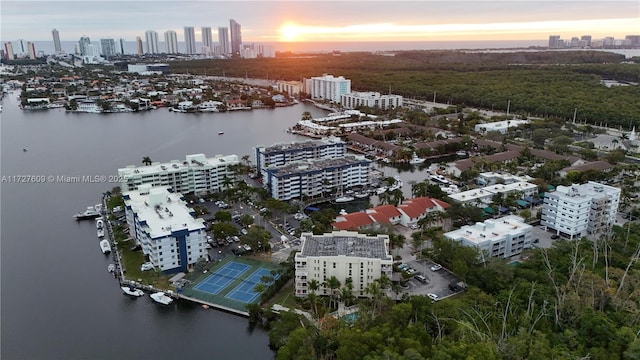 bird's eye view featuring a water view and a view of city