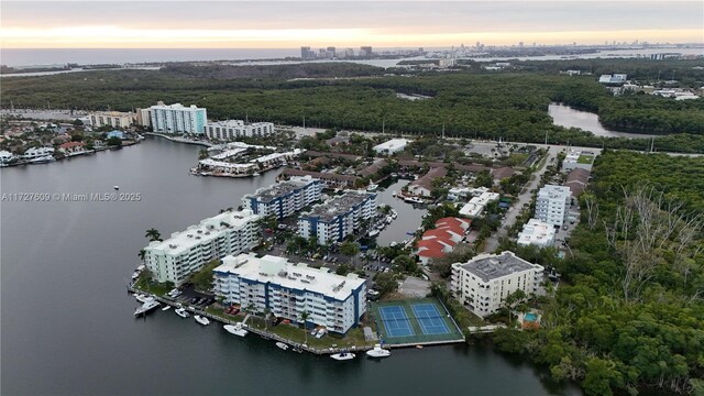 aerial view at dusk featuring a water view