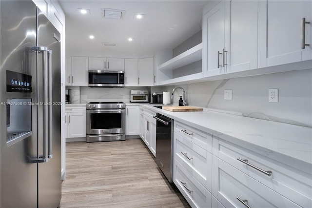 kitchen featuring white cabinets, decorative backsplash, stainless steel appliances, and light hardwood / wood-style flooring