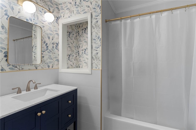 bathroom featuring vanity, crown molding, and shower / bath combination with curtain