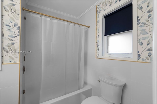 bathroom with tile walls, shower / bath combo, ornamental molding, and toilet