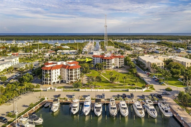 drone / aerial view with a water view