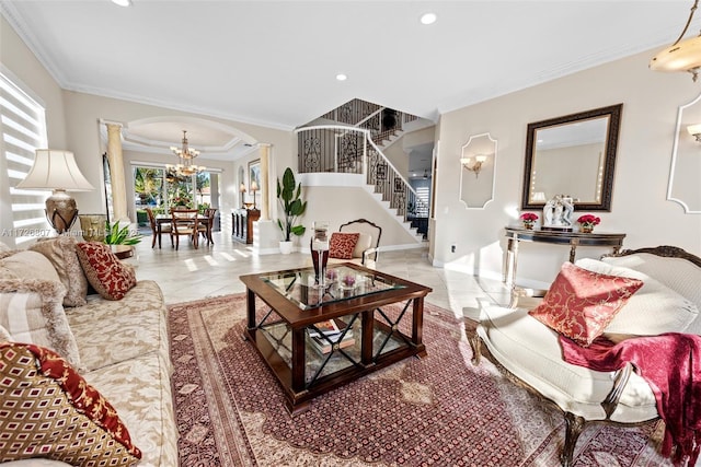 living area featuring arched walkways, crown molding, light tile patterned flooring, ornate columns, and stairs