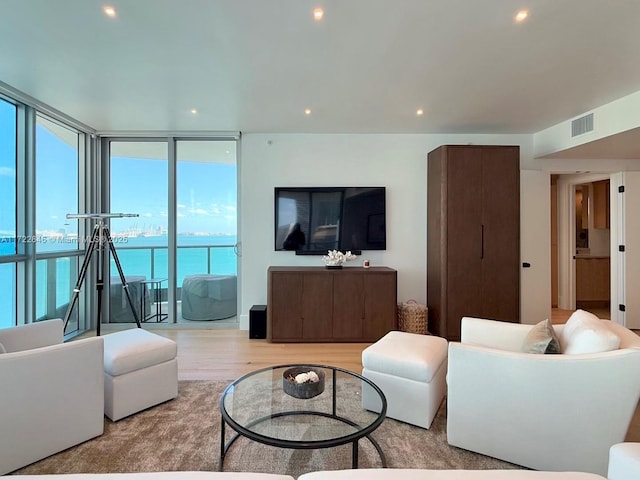 living room featuring floor to ceiling windows and light wood-type flooring